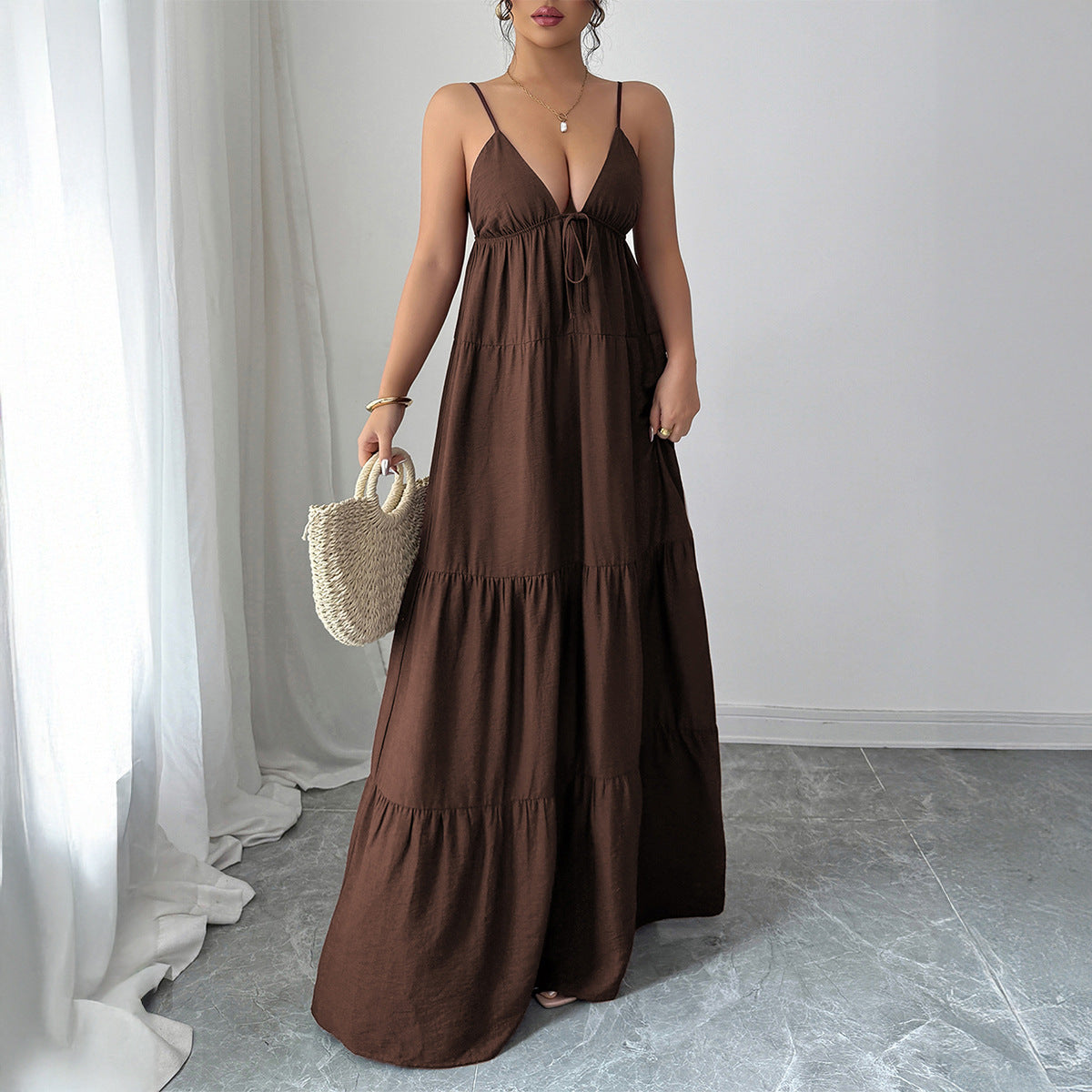 Spaghetti Strap Maxi Dress with Tie-Front V-Neck and Tiered Skirt