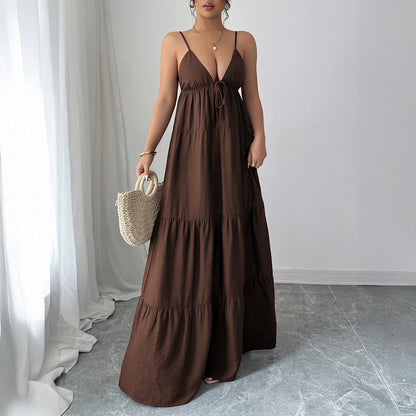 Spaghetti Strap Maxi Dress with Tie-Front V-Neck and Tiered Skirt