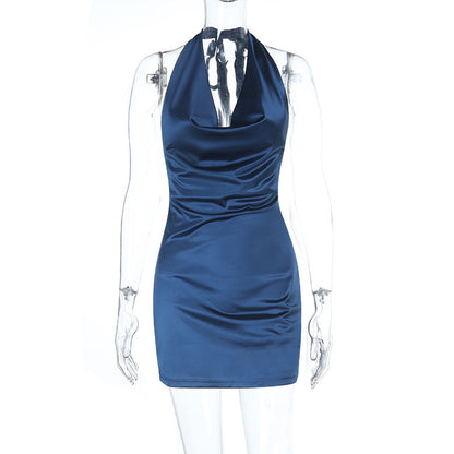 Satin Bodycon Mini Dress with Halter Cowl Neck