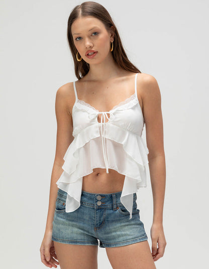 Irregular Ruffled Camisole with Tie-Front and Lace Trim