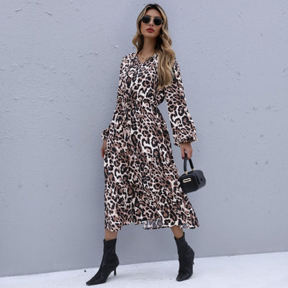 Leopard Print Tiered Midi Dress with V-Neck and Long Sleeves