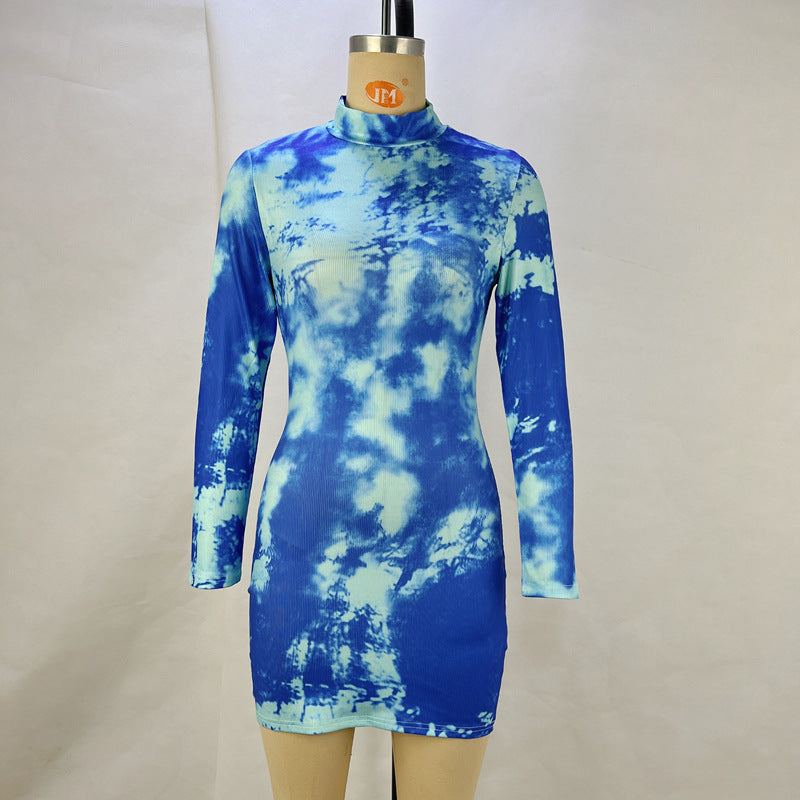 Abstract Print Bodycon Mini Dress with Mock Neck and Long Sleeves