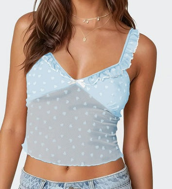 Cropped Heart Mesh Camisole with Lace Trim and Bow Detail