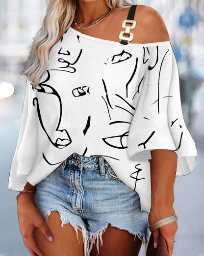 Abstract Print Loose Top with One-Shoulder Strap and Bat Sleeves