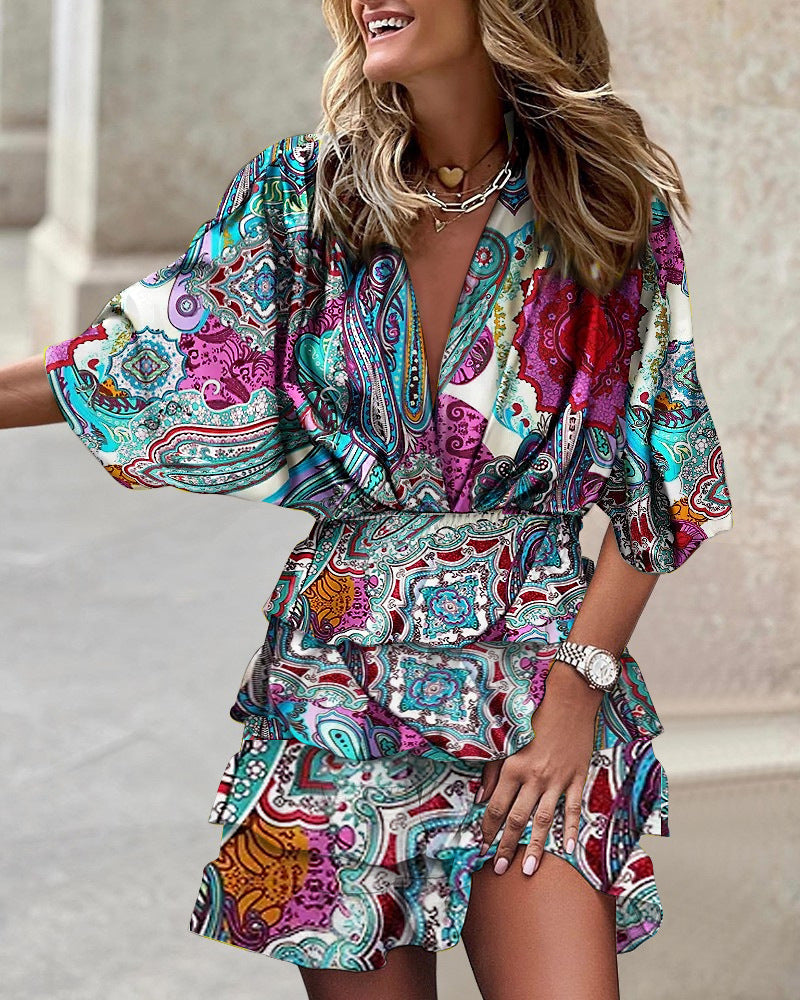 Tiered Mini Dress with Bat Sleeves and V-Neck