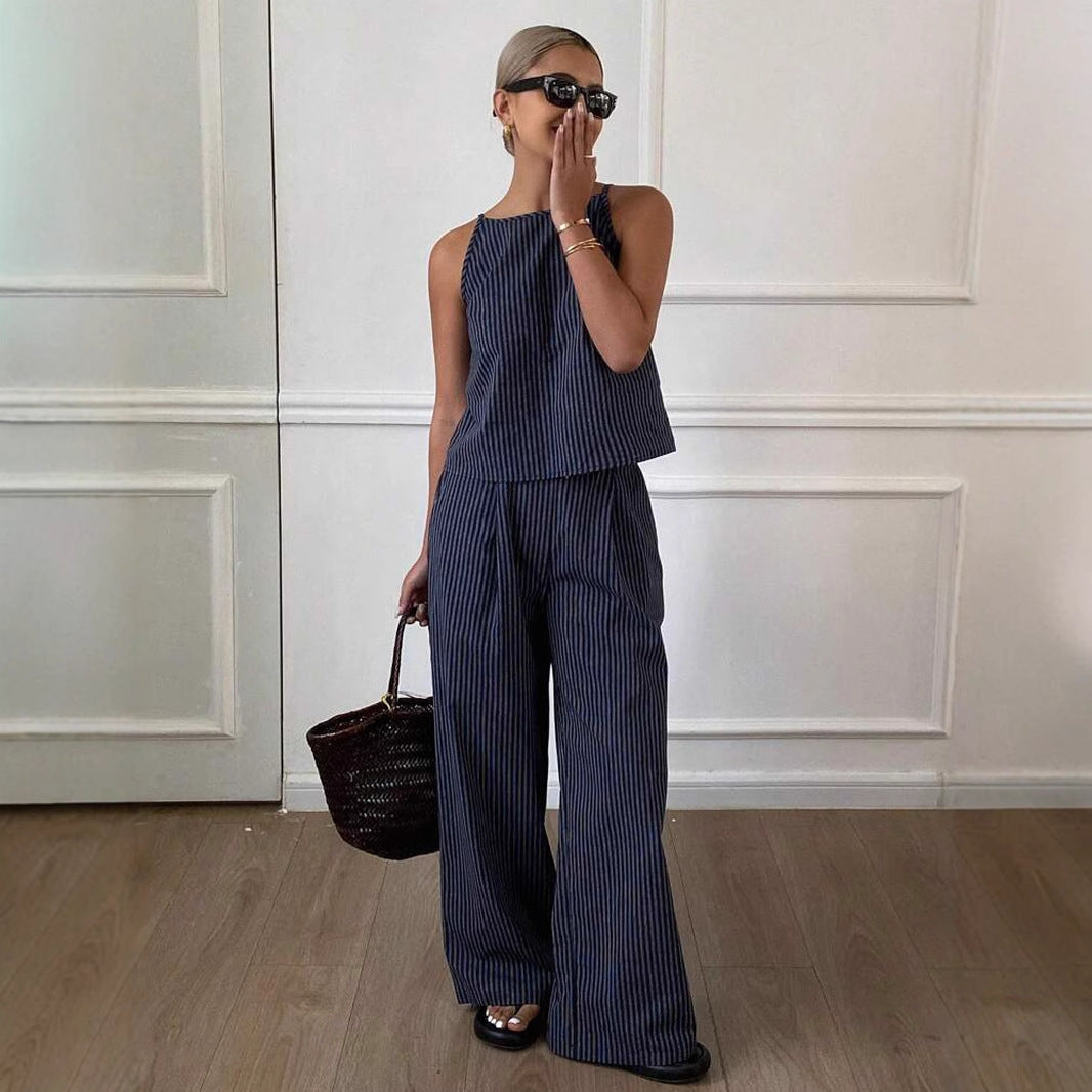 Striped Two-Piece Set with Sleeveless Top and Wide-Leg Pants