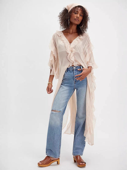 Asymmetrical Ruffled Chiffon Duster with Dolman Sleeves