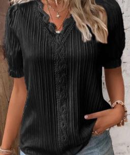 Pleated Short-Sleeve Blouse with Lace V-Neck