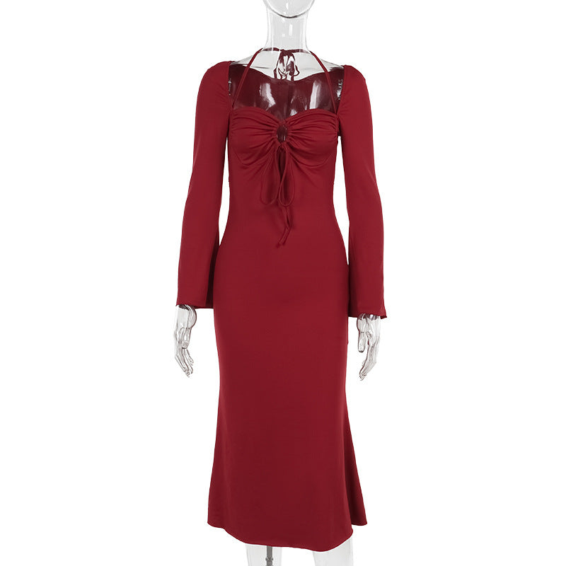 Bodycon Mermaid Midi Dress with Halter Neck and Bell Sleeves