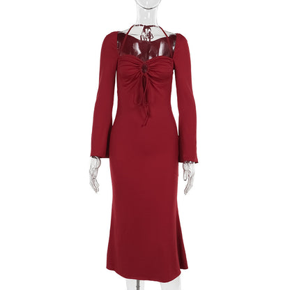 Bodycon Mermaid Midi Dress with Halter Neck and Bell Sleeves