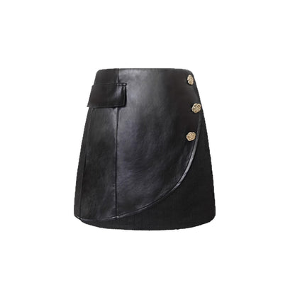 Spliced Faux Leather Mini Skirt with Asymmetrical Wrap and Buttons