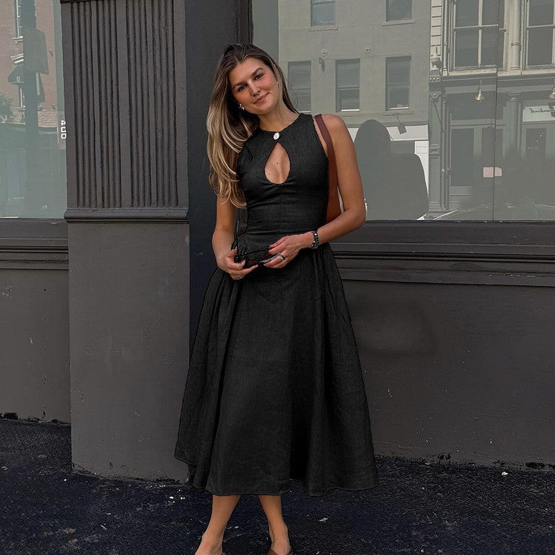 Sleeveless A-Line Midi Dress with Front Keyhole Detail