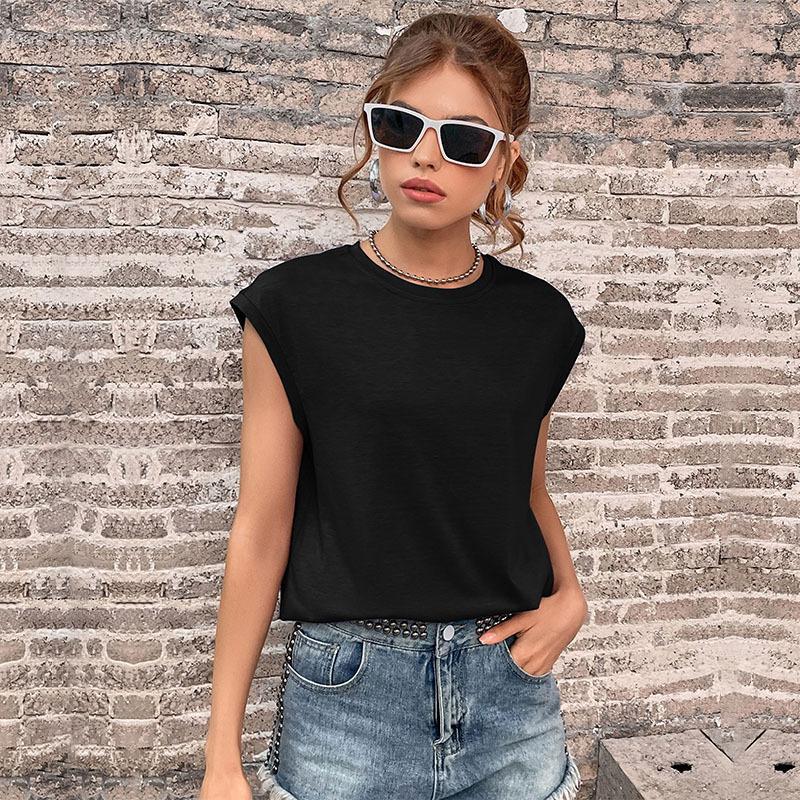 Loose Fit Solid Color Crewneck T-Shirt with Cap Sleeves