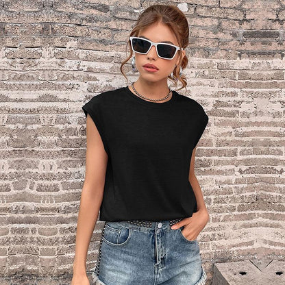 Loose Fit Solid Color Crewneck T-Shirt with Cap Sleeves