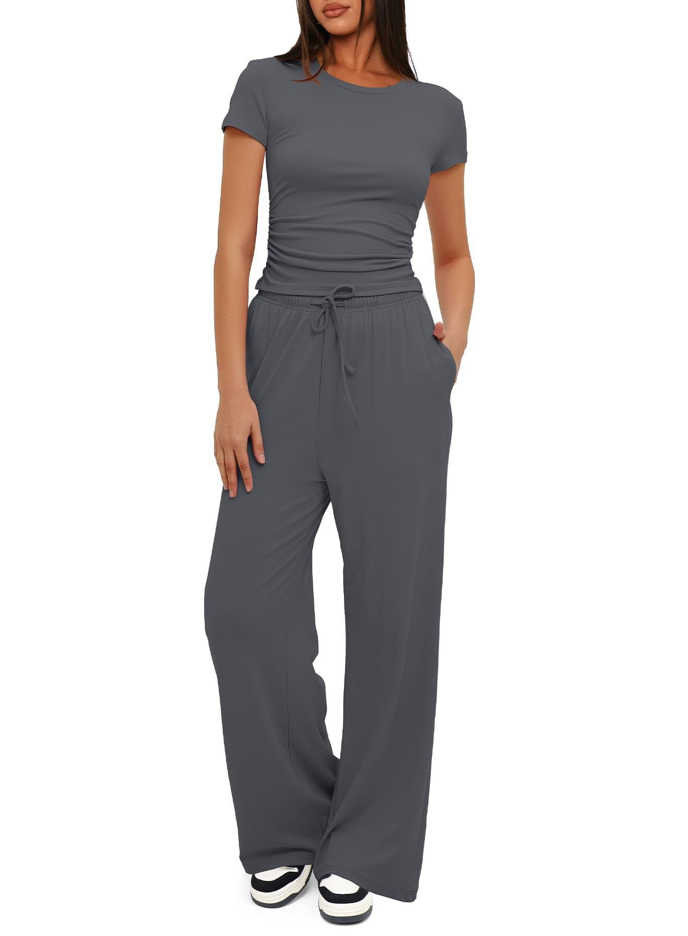 Solid Modal Two-Piece Set with Ruched Top and Wide-Leg Pants