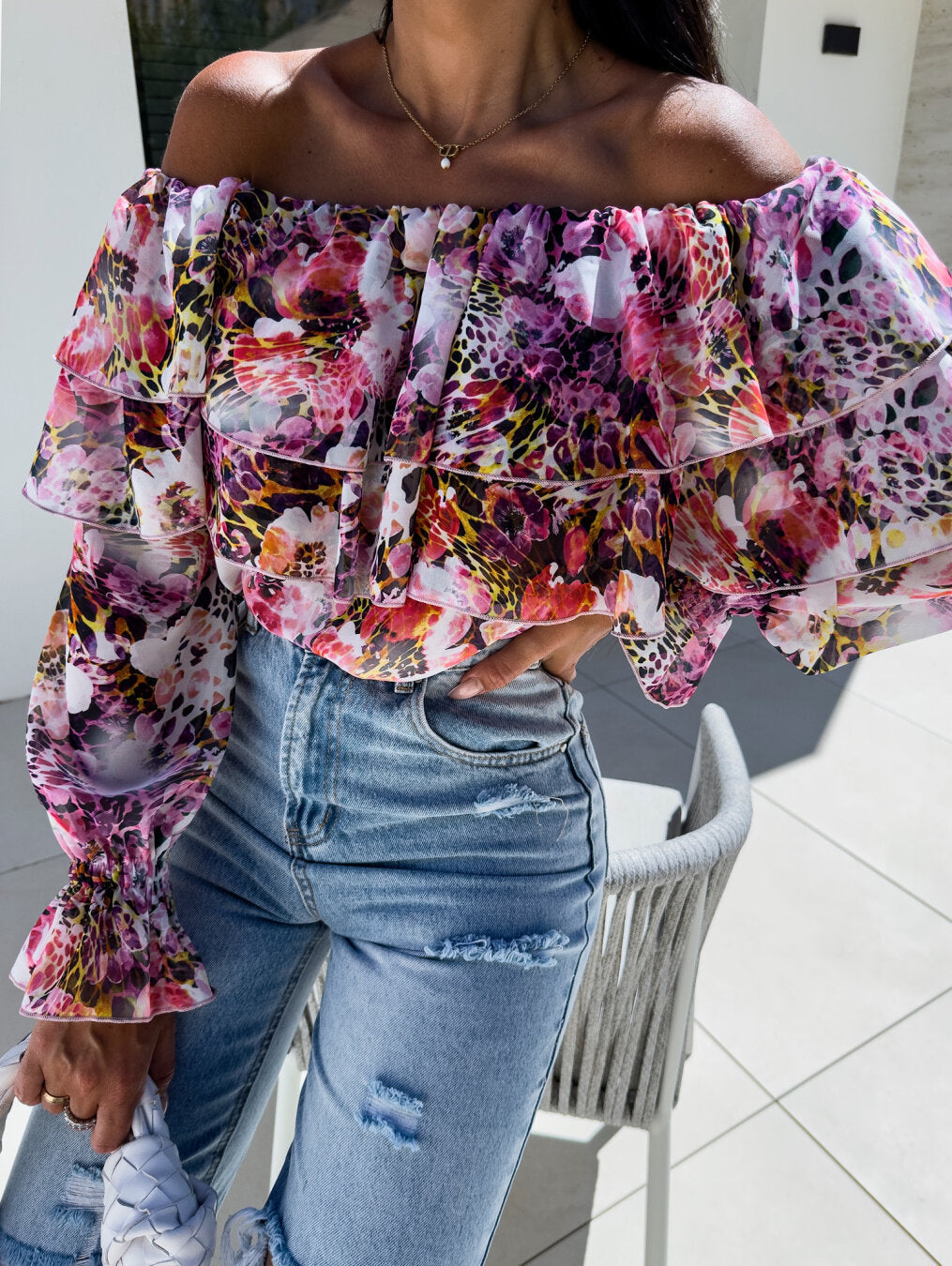 Floral Print Off-Shoulder Blouse with Ruffled Long Sleeves