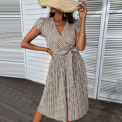 Leopard Print A-Line Midi Dress with V-Neck and Tie Waist