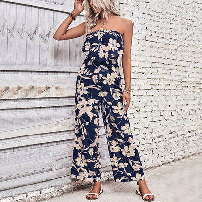 Floral Print Wide-Leg Jumpsuit with Strapless Ruffle Bodice