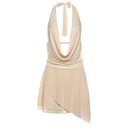 Cowl Neck Halter Mini Dress with Asymmetric Hem