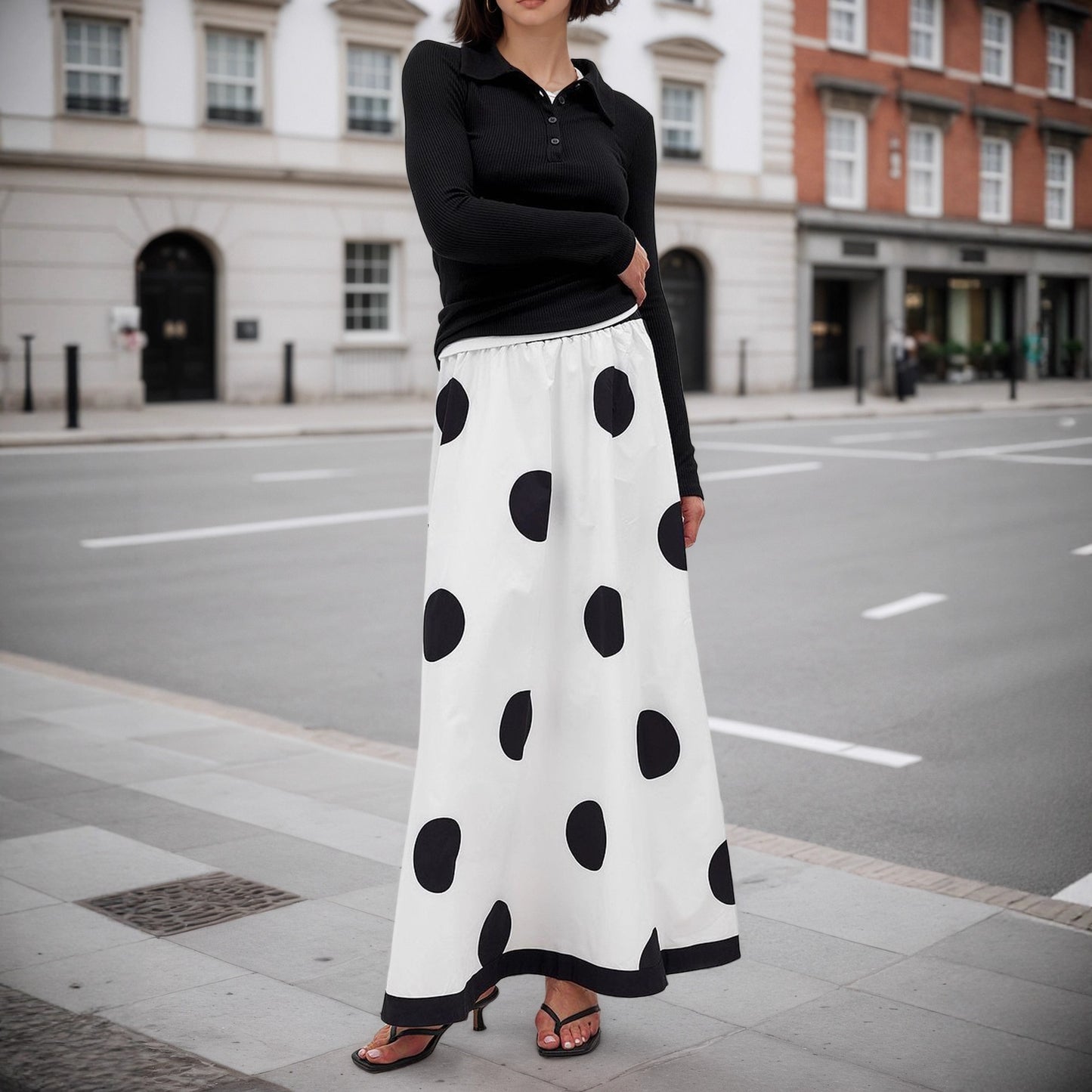 High-Waisted Large Polka Dot Maxi Skirt with Contrast Hem