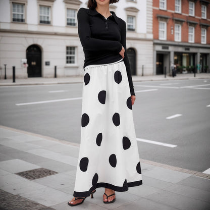 High-Waisted Large Polka Dot Maxi Skirt with Contrast Hem