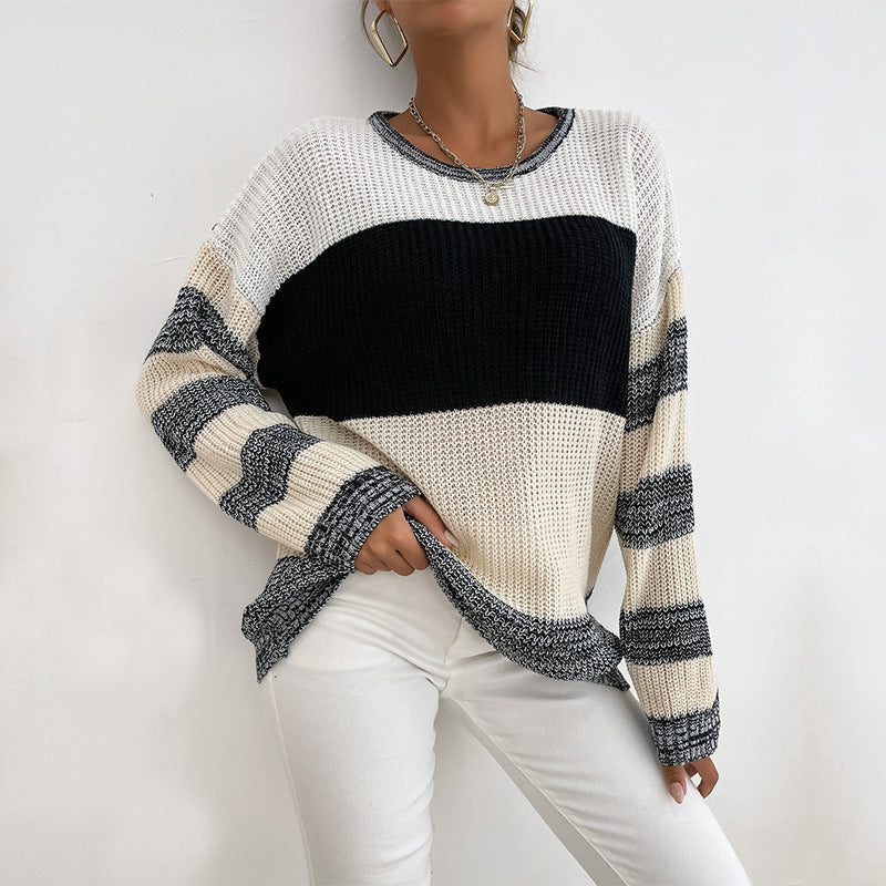 Color-Blocked Loose Knit Pullover with Crewneck