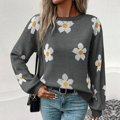 Floral Jacquard Knit Sweater with Round Neck