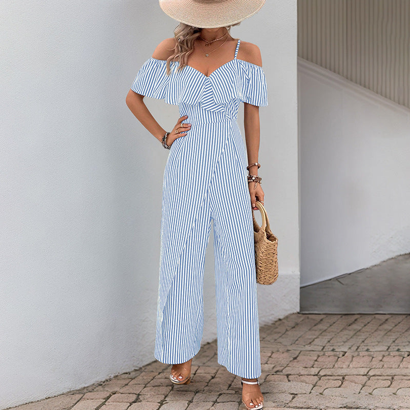 Wide-Leg Striped Jumpsuit with Off-Shoulder Ruffle