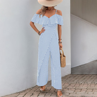 Wide-Leg Striped Jumpsuit with Off-Shoulder Ruffle
