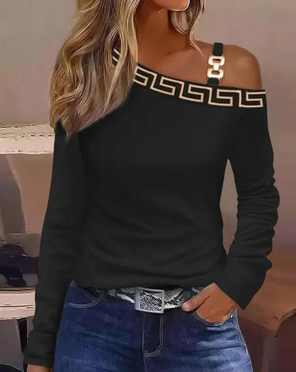 Animal Print Long Sleeve Top with Oblique Collar and Metal Buckle