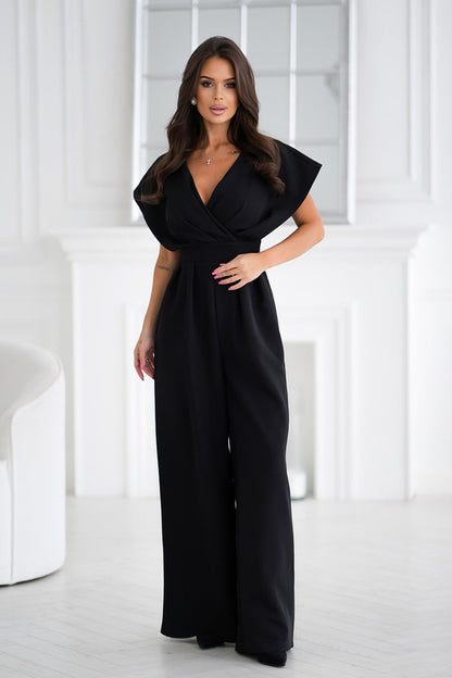 Solid V-Neck Jumpsuit with Wrap Waist and Wide Legs