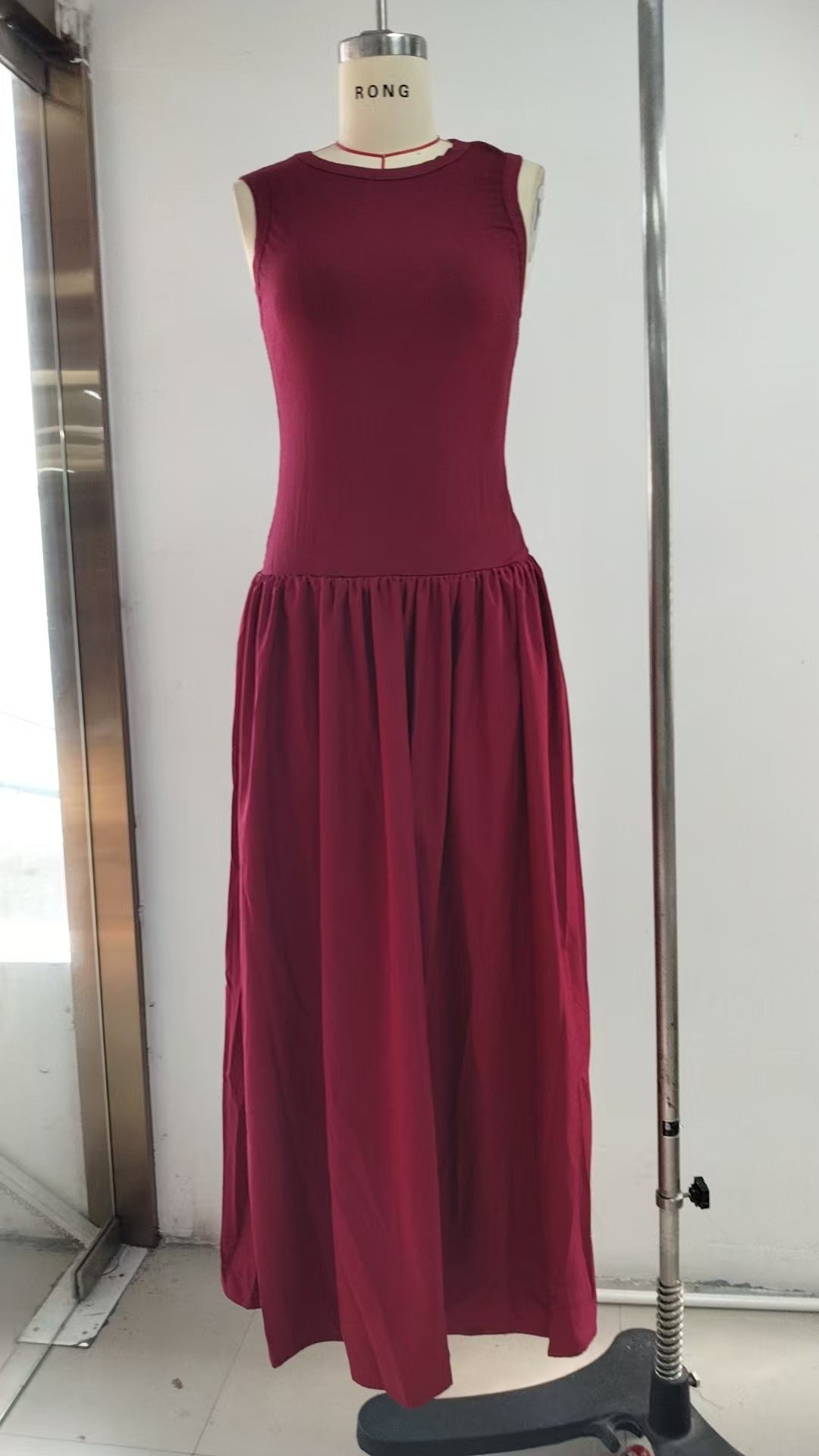 Sleeveless A-Line Maxi Dress with Gathered High Waist