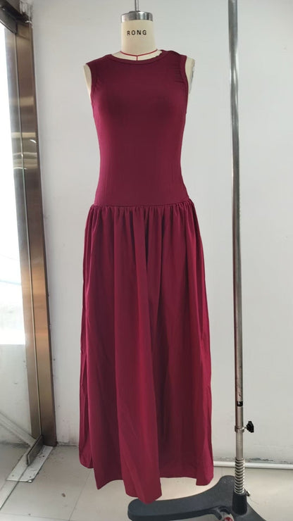 Sleeveless A-Line Maxi Dress with Gathered High Waist