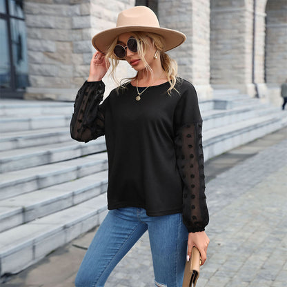 Loose Crewneck Top with Swiss Dot Lace Sleeves