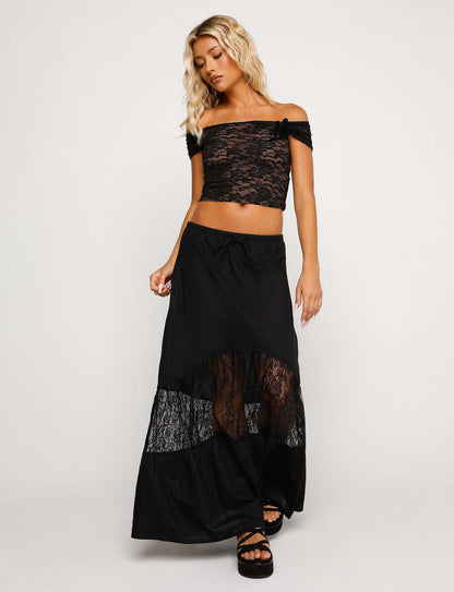 A-Line Maxi Skirt with Sheer Lace Insert and Drawstring