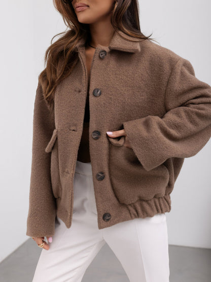 Cropped Shacket with Lapel Collar and Ribbed Hem