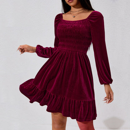 Smocked Velvet Mini Dress with Puff Sleeves and Ruffle Hem