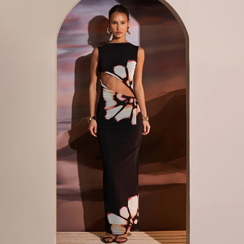 Floral Print Bodycon Maxi Dress with Waist Cut-Out