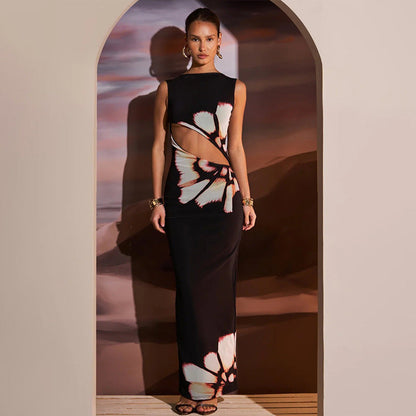 Floral Print Bodycon Maxi Dress with Waist Cut-Out