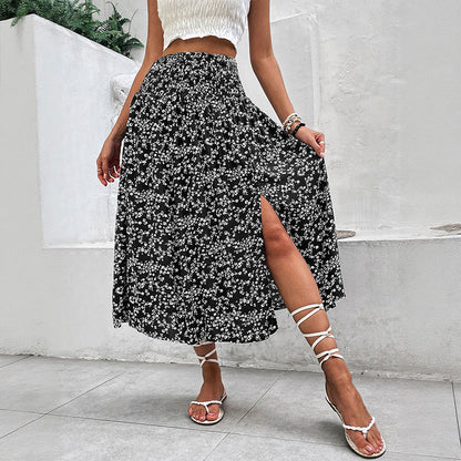 Floral Print Midi Skirt with Smocked Waist and Slit
