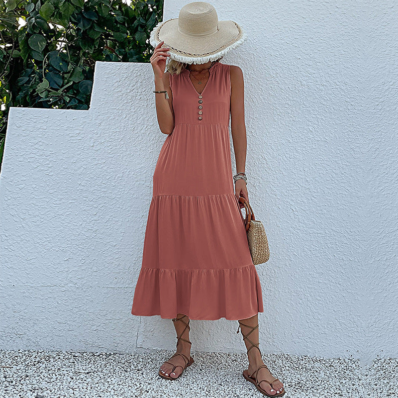 Solid A-Line Tiered Midi Dress with V-Neck and Sleeveless