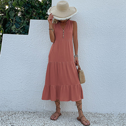 Solid A-Line Tiered Midi Dress with V-Neck and Sleeveless