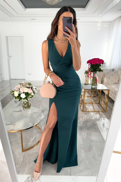 Sleeveless Sheath Maxi Dress with V-Neck and High Slit