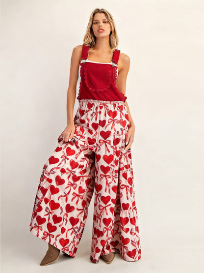 Tiered Heart Print Wide-Leg Overalls with Bib Front