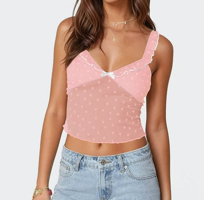 Cropped Heart Mesh Camisole with Lace Trim and Bow Detail