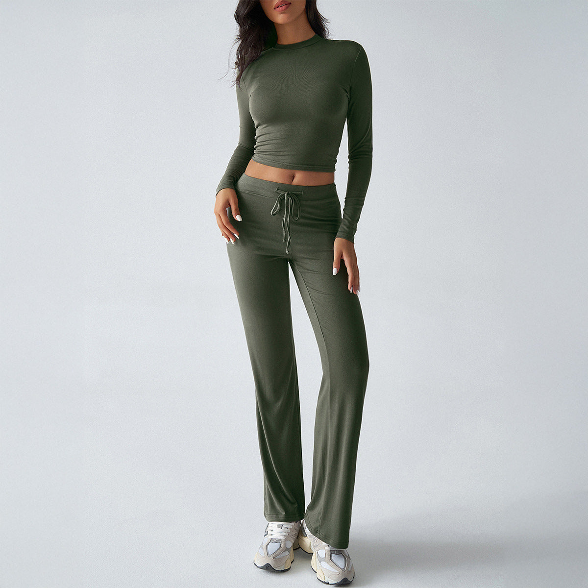 Solid Cropped Long-Sleeve Top & Straight-Leg Pants Loungewear Set