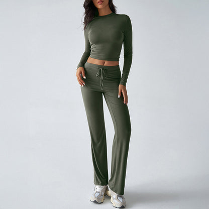 Solid Cropped Long-Sleeve Top & Straight-Leg Pants Loungewear Set