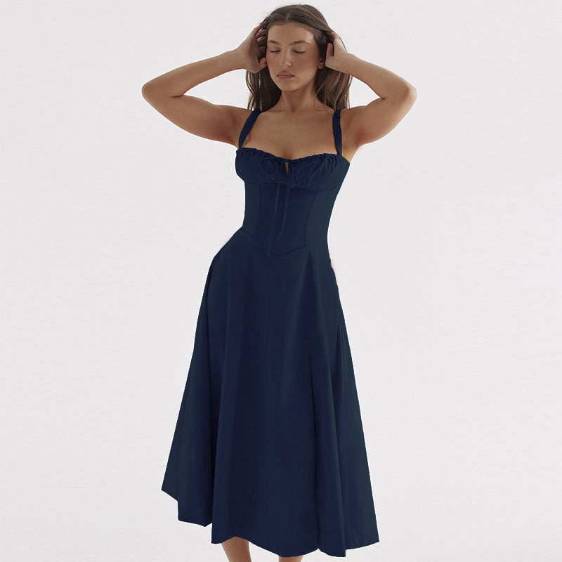 Solid A-Line Maxi Dress with Corset Bodice and Ruched Bust