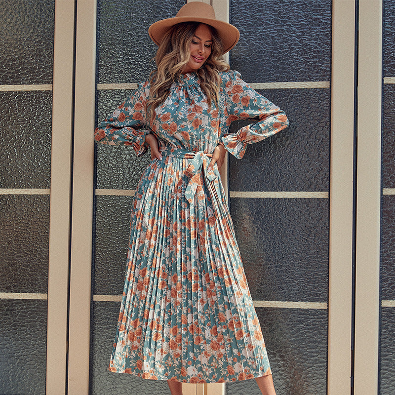 Floral Print Pleated Midi Dress with Mock Neck