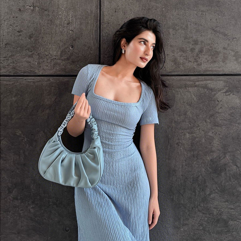 Short-Sleeve A-Line Midi Dress with Square Neck and Slit